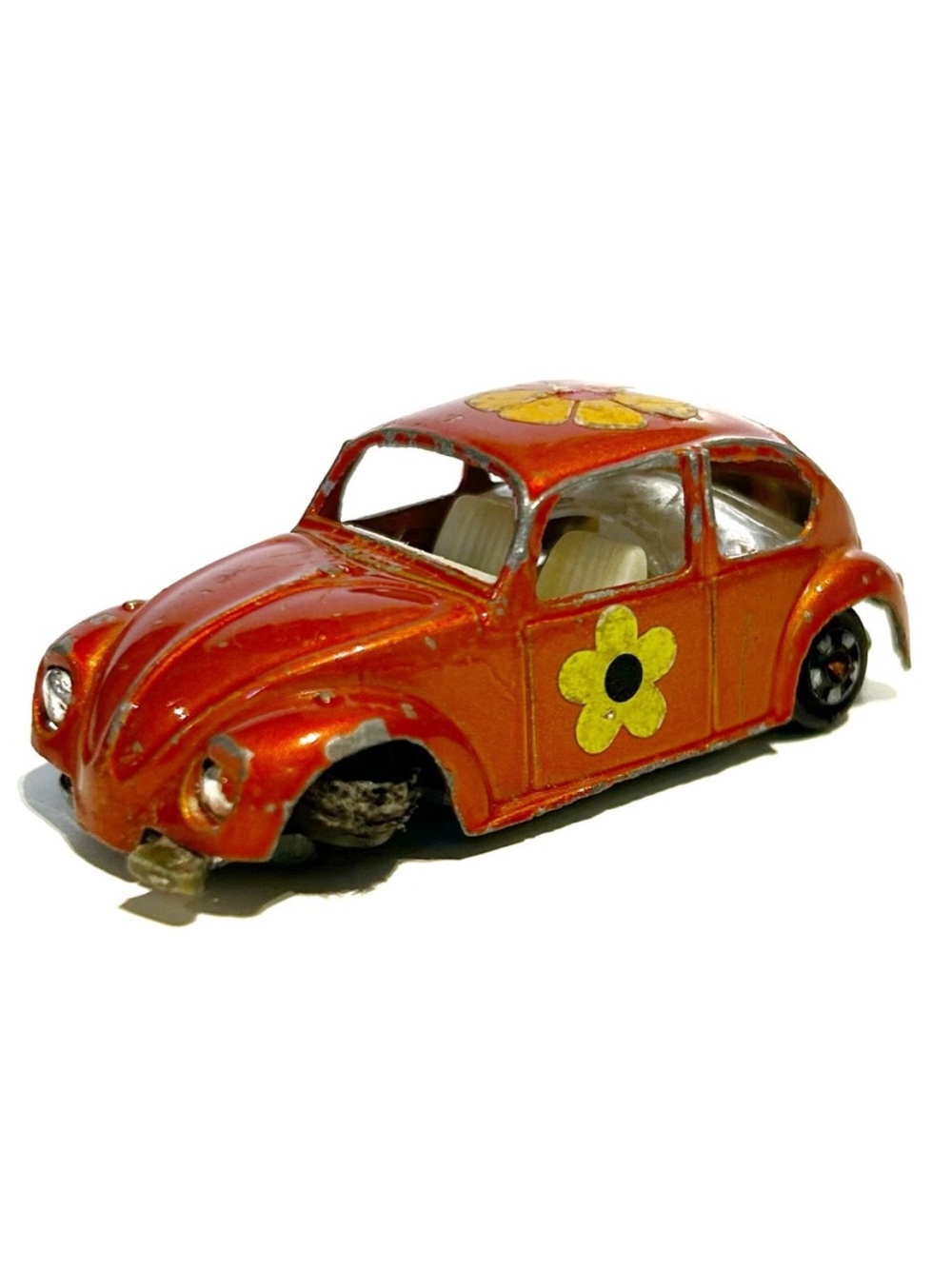 Vintage Zylmex Volkswagen Beetle Bug Die Cast Model Toy Car Orange Flower 1960s